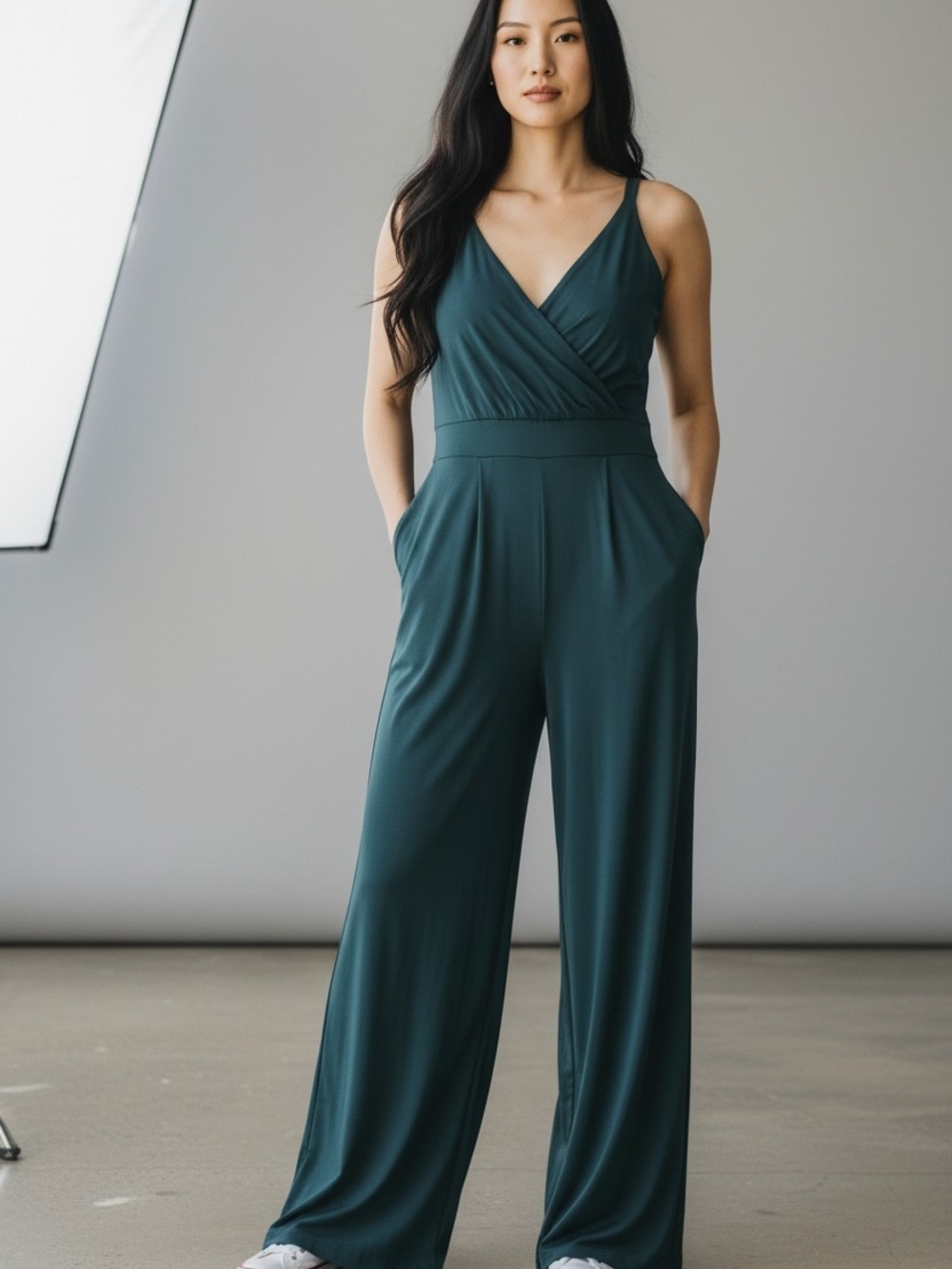 Azazie Forest Green Surplice Wide-Leg Jumpsuit